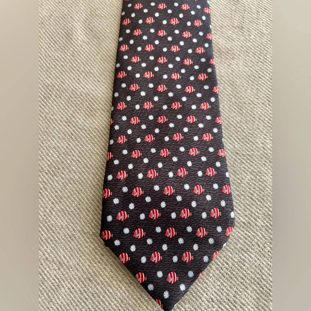 FRANGI 100% Silk Tie Navy Red Fish Print Made in Italy Office Classic